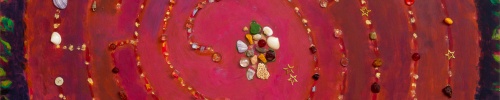 Stones & Shells Maze, Red/Blue, painting with found objects by Lesley Mitchell