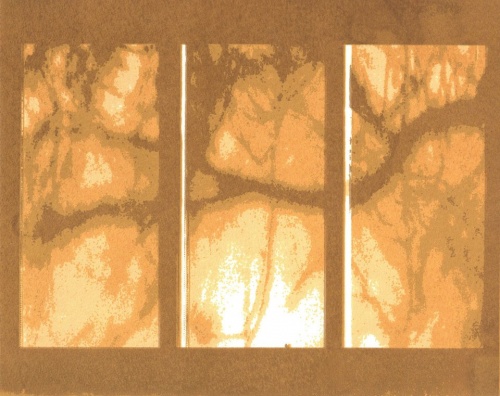 tree branch extends horizontally across three vertical panels