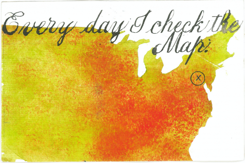 Barbara Henry postcard "Every Day I Check the Map"