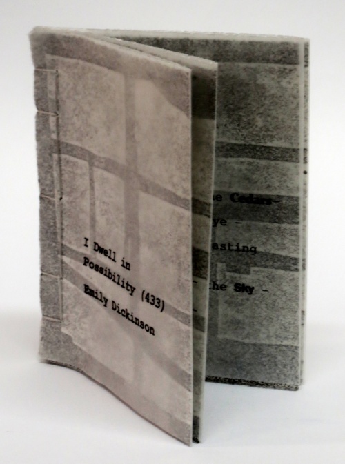 small artist book, black text on gray background, I Dwell in Possibility by Bill Brookover