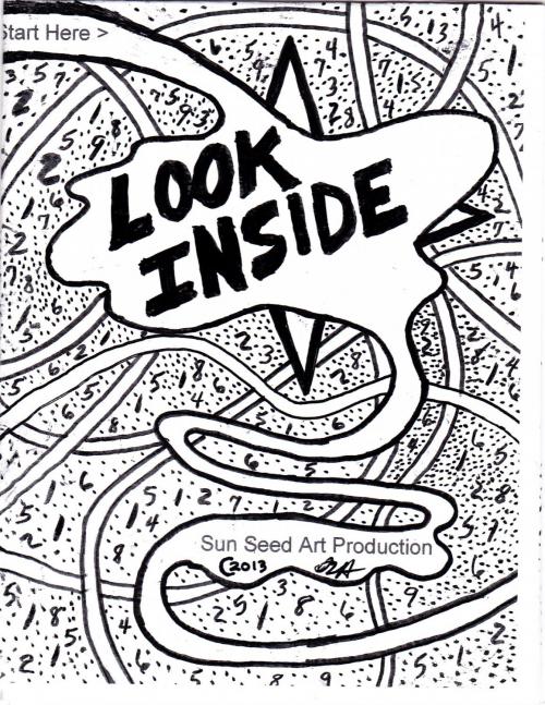 “Look Inside” is a visual puzzle.  From the cover with a maze design that forms an abstraction of a brain; with the dual meaning of the title – look inside the pages of this book as well as look inside yourself.  The maze compels you through-out the pages right through the stem of the title all the way to the last page, to finally reveal the answer to the numerical problem on the front cover.