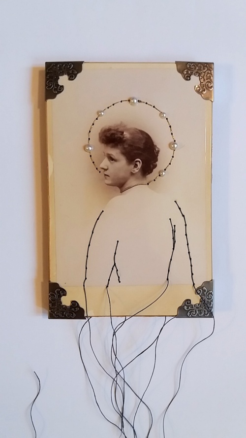 Maryann Riker - The Saint of Unfulfilled Desires - Stitched vintage cabinet card of young woman depicted as sainted icon with stitched halo of pearls