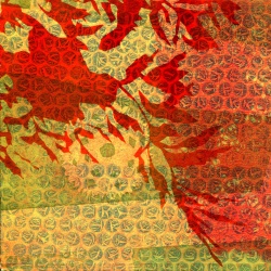 red orange leaves against red and yellow textured background