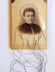 Maryann Riker - The Saint of Repressed Anticipation - Stitched cabinet card of young woman depicted as sainted icon with stitched halo of pearls